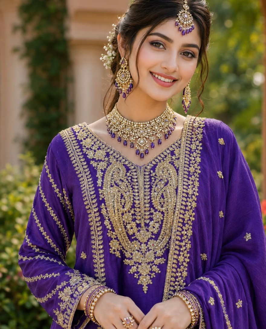 PURPLE - Embroidered and Thread Work Chinon Readymade Salwar Suit In Purple for Ceremonial